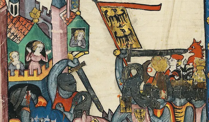Burg mit Zuschauerinnen und Rittern, Codex Manesse fol. 43v